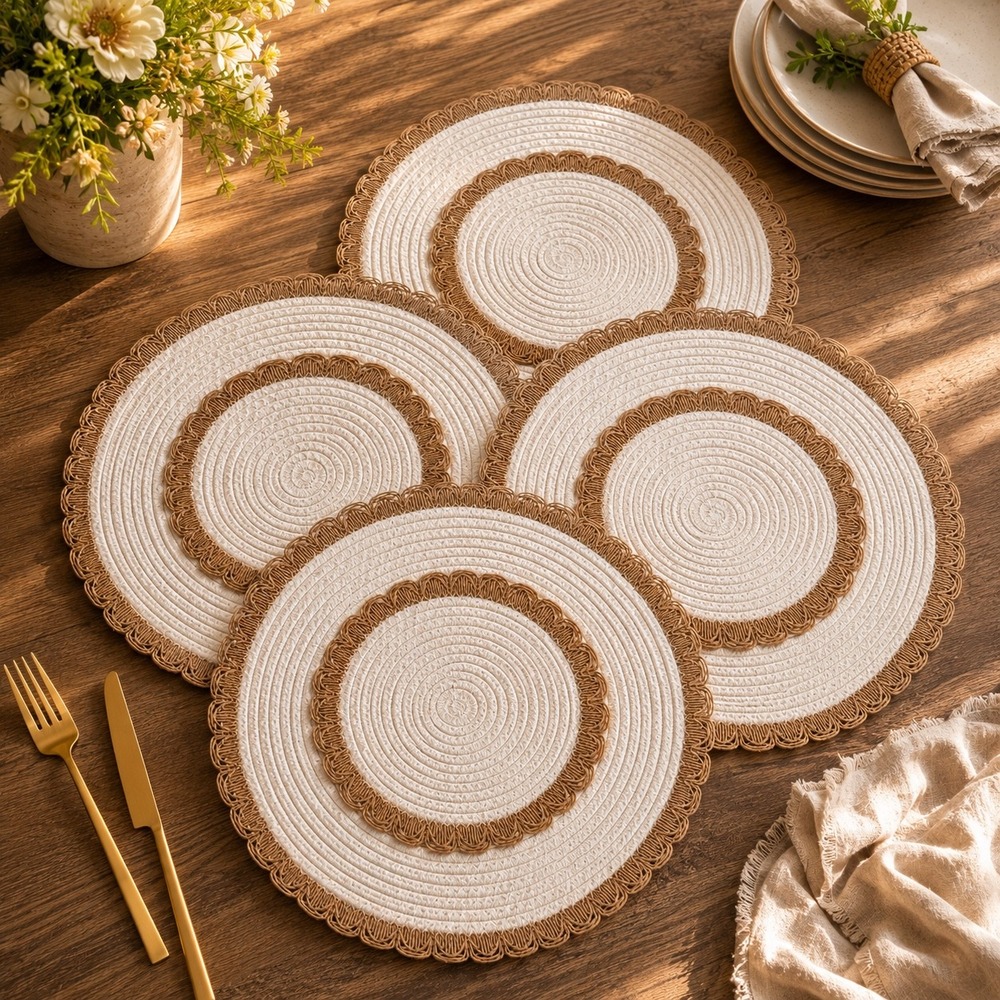 Nate Berkus Placemats (4) Scalloped Jute Trim Coastal Country Boho Hamptons